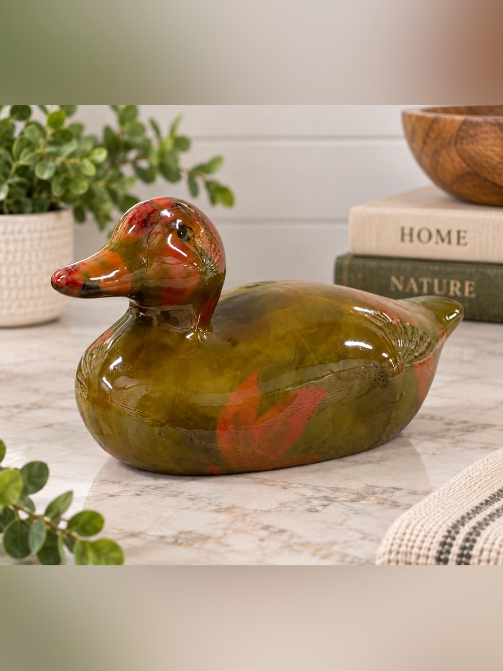 Vintage Otagiri Enesco 1995 Ceramic Duck Figurine 8" Floral Green Red Decor